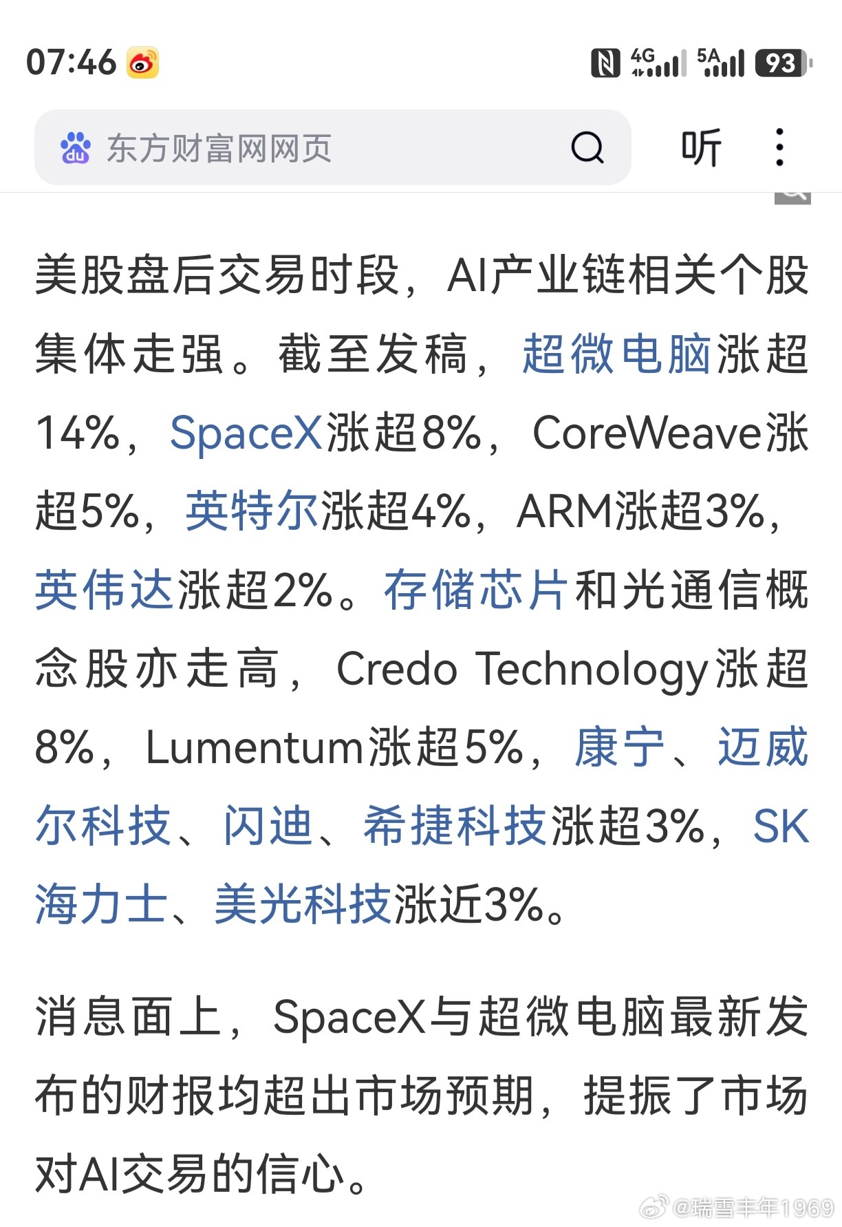美股盘后，AI产业链集体走强。太空探索，因人工智能业务而涨，有点搞怪。涨了就是好