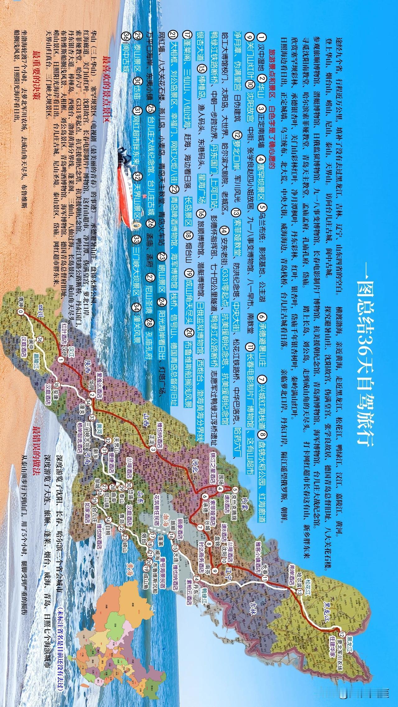 三十六天九省行
一万公里脚步轻
一百景点不算多
走遍中国有真情
   一图总结东