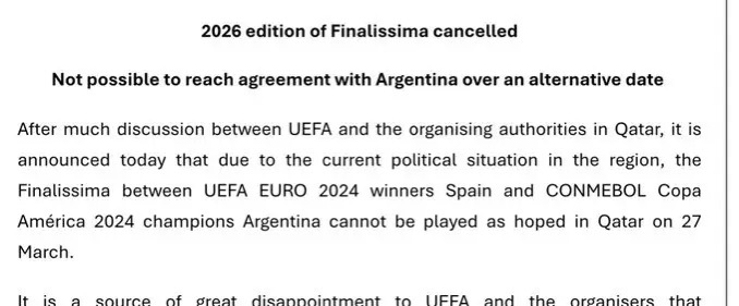 【因局势紧张2026年欧美杯取消】由于该地区当前的政治局势，原定于3月27日在卡