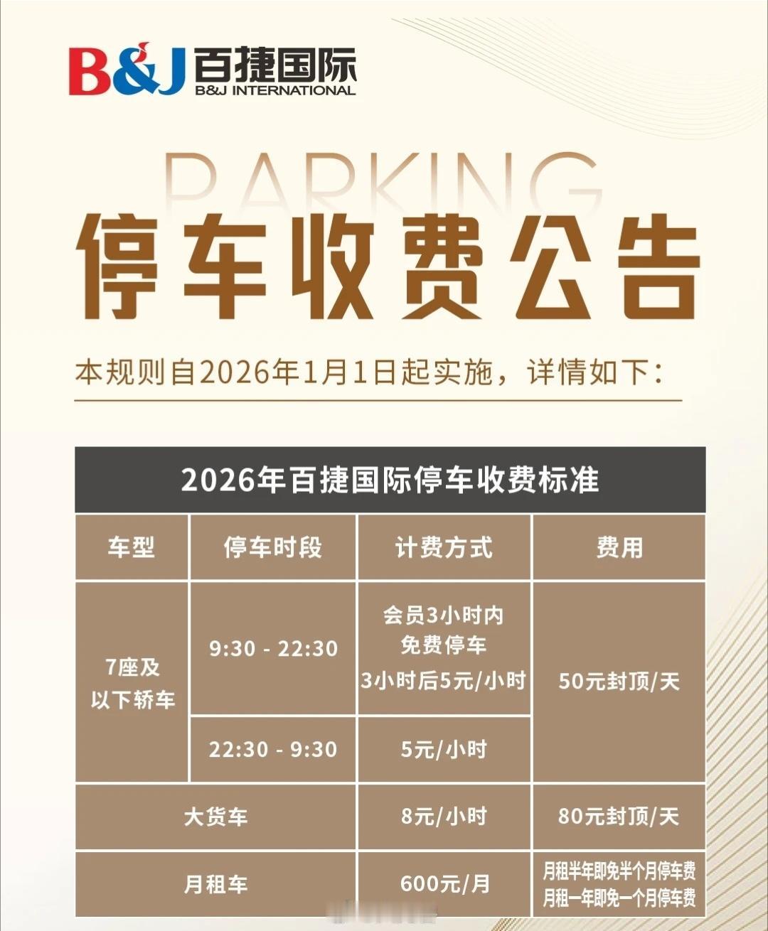 光谷南一商场停车收费变更！

近日，百捷光谷国际广场2026年停车收费公告发布。