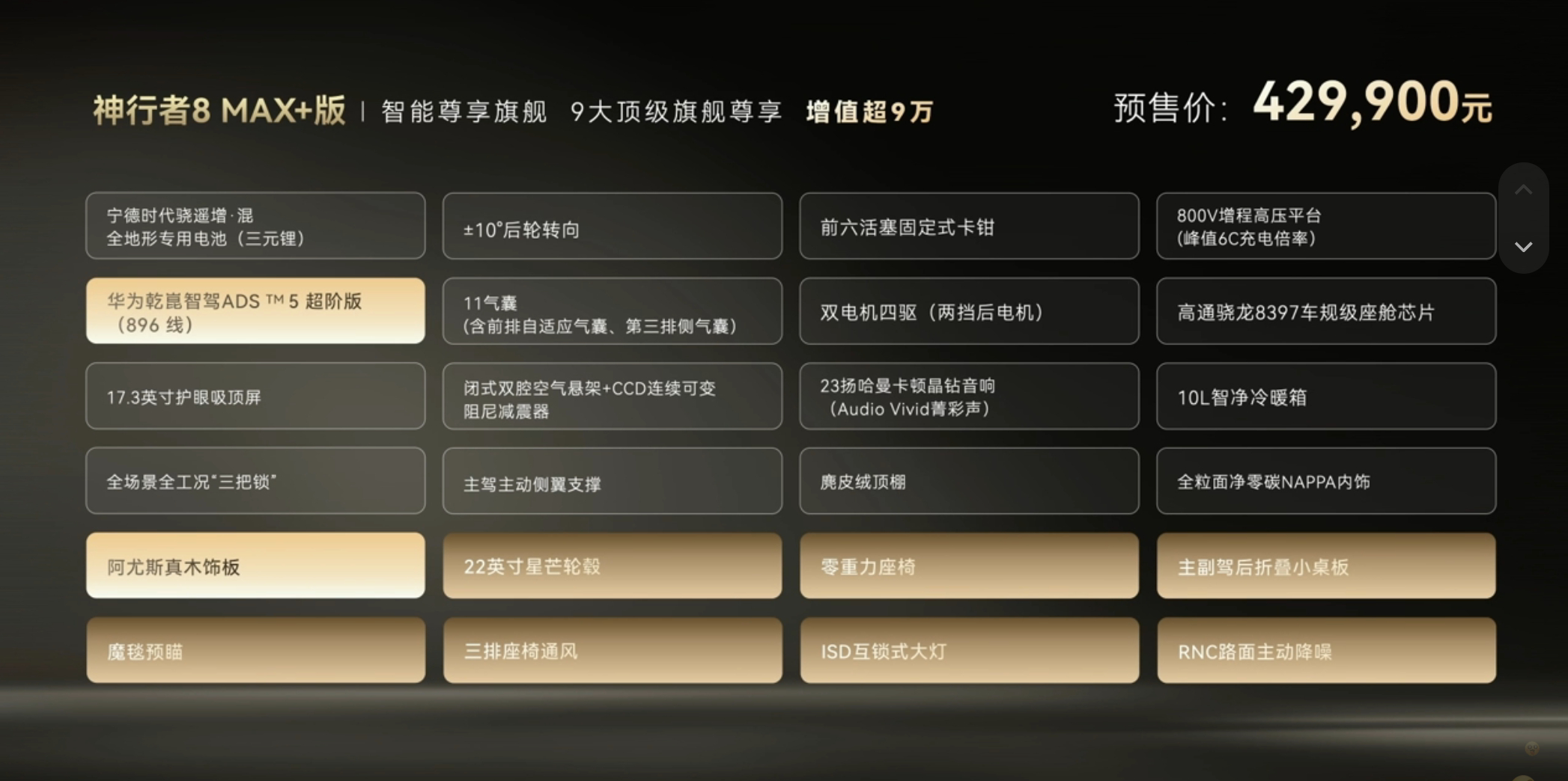 神行者8上市价格：28.99万起（权益后价格）。六座和五座一起发，这个有惊喜。P