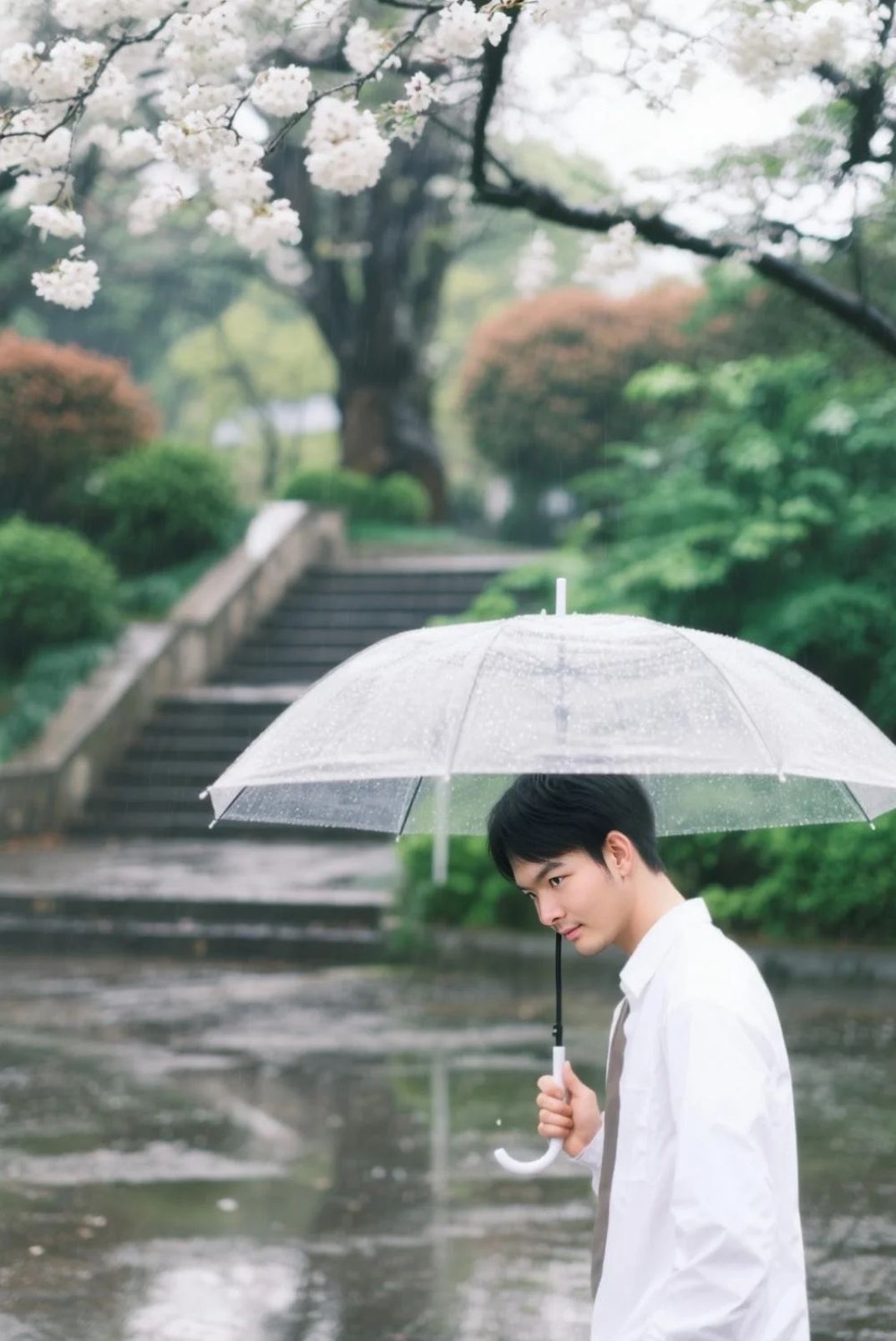 🌧️春天的雨和樱花真的会把浪漫焊在DNA里！举着透明伞站在河边/小径上，看雨滴