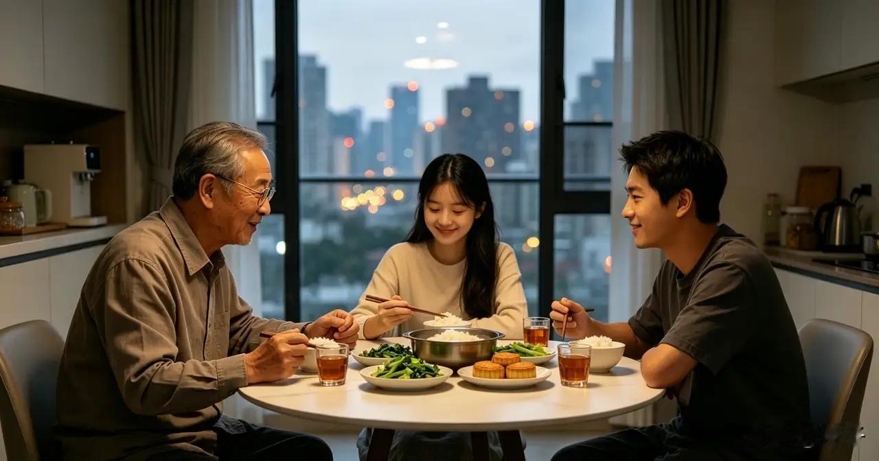 中秋佳节和老人共庆团圆，温馨而暖心，一家人其乐融融，共享家庭团聚的甜蜜。