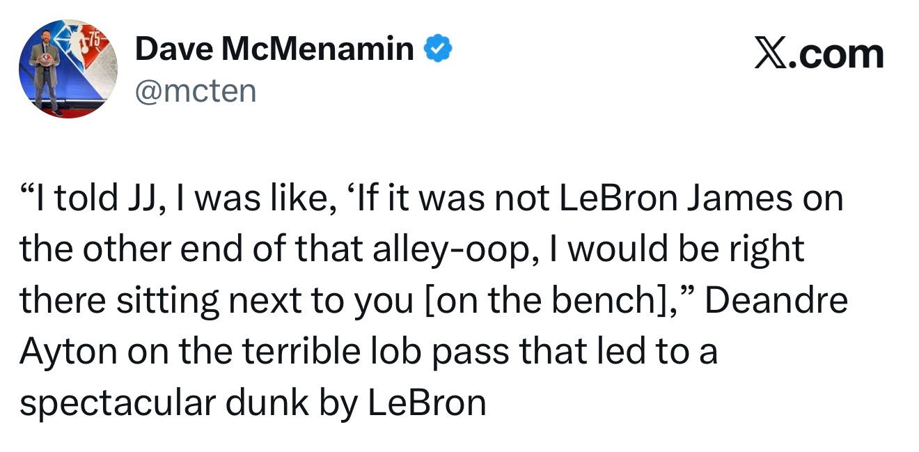 艾顿谈那次糟糕的高抛传球，最终却成就了勒布朗一记精彩扣篮：“我跟雷迪克说，要不是