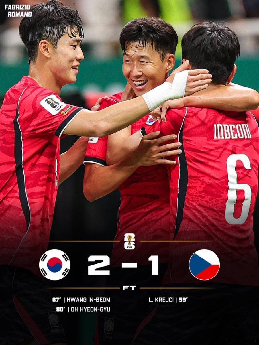 在刚刚结束的一场世界杯比赛中 韩国逆转战胜了捷克韩国2比1捷克亚洲球队2026世