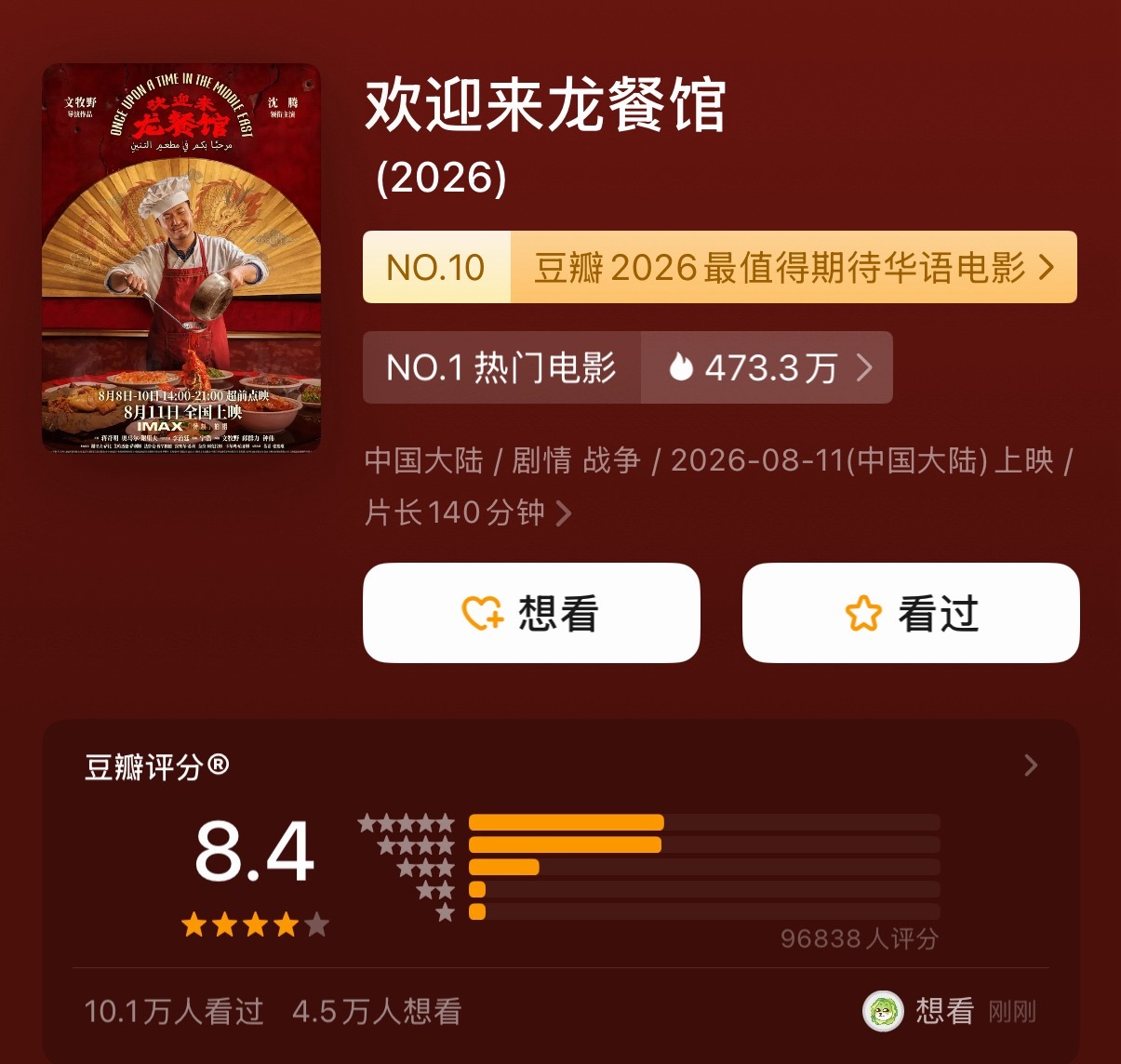 《欢迎来龙餐馆》豆瓣开分8.4 