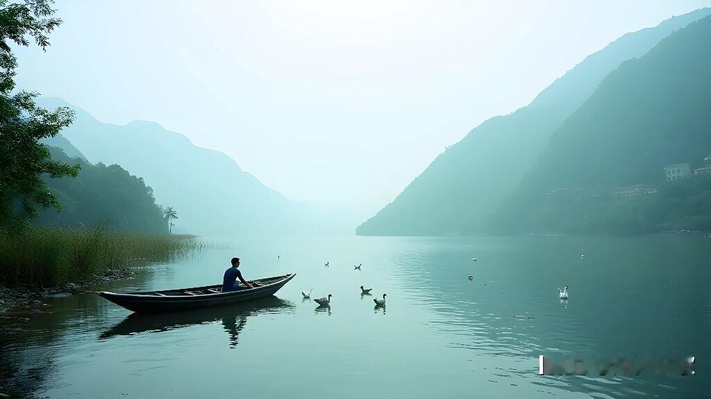 烟雨轻笼山水间，泛舟一人在湖中。
静看鸭鹅戏碧波，恍若仙境隔尘寰。
两岸葱郁绿树