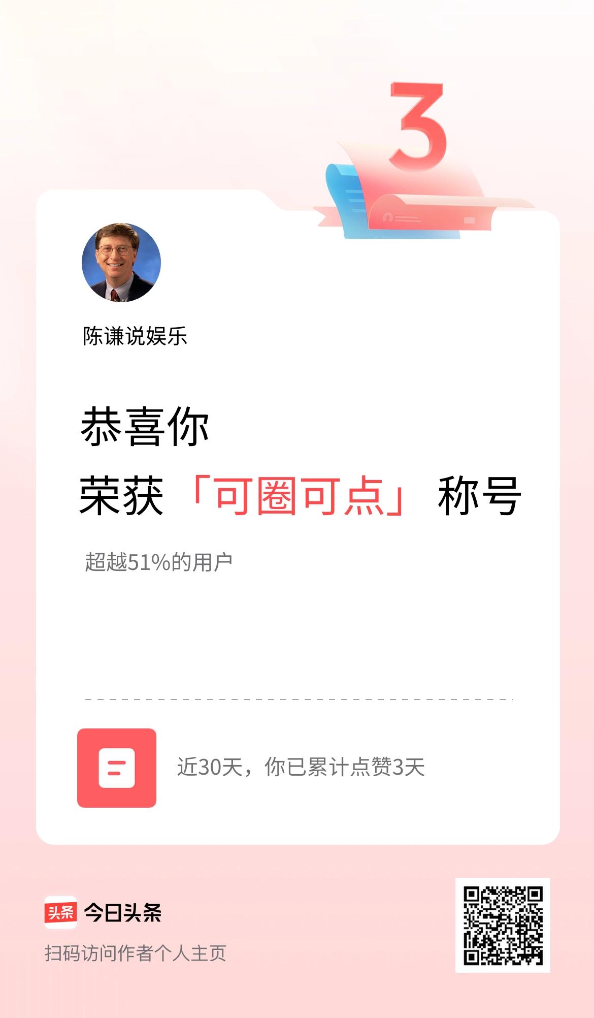 我在头条30天内点赞打卡3天，获得“可圈可点”称号