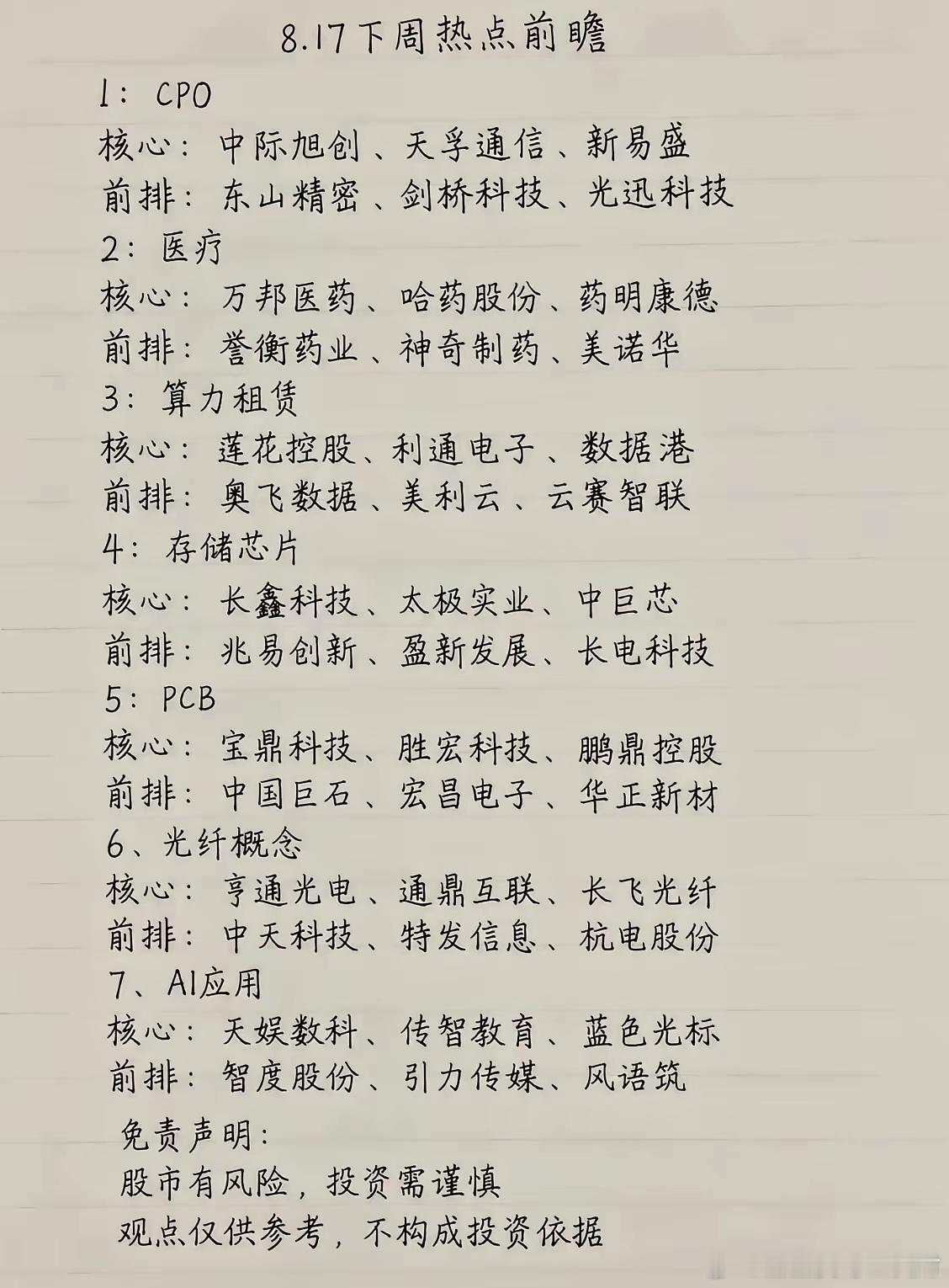 8.17下周A股主线精简复盘：7大赛道龙头梳理下周市场主线依旧围绕AI算力全产业