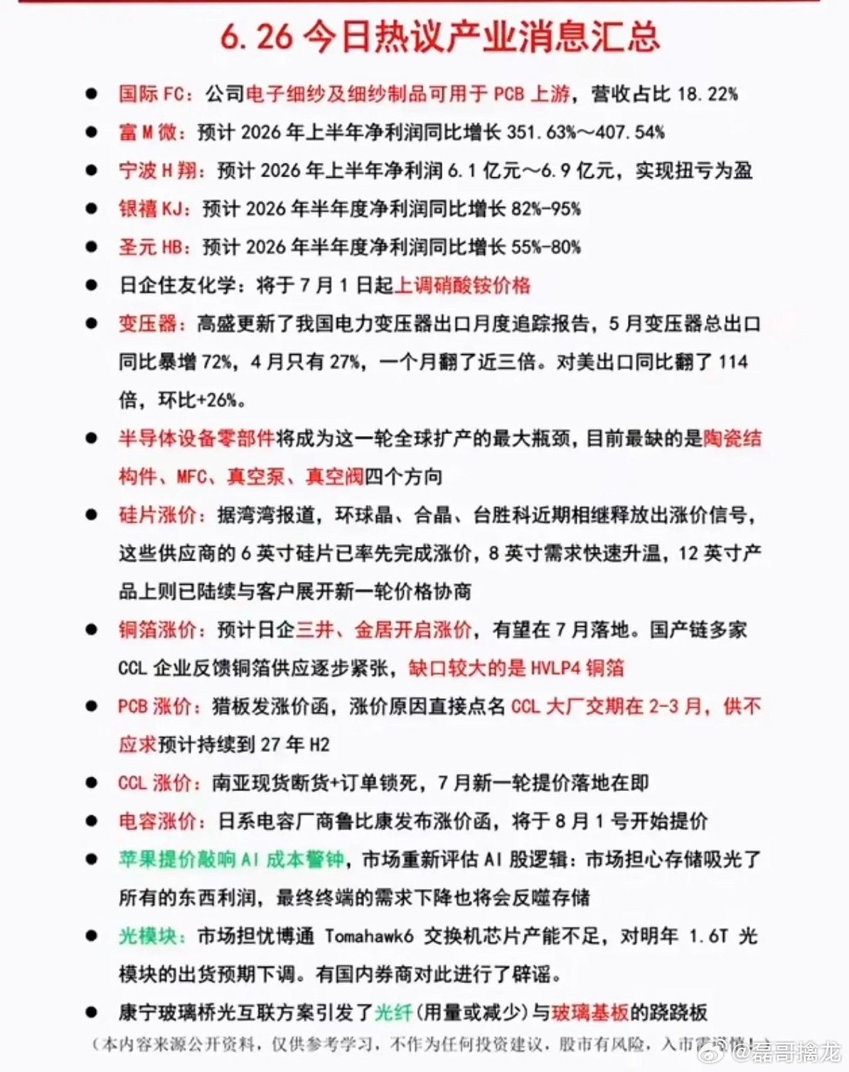 6.26周五  晚间：财经热点汇总！1.半导体硅片2.PCB涨价3.CCL断货4
