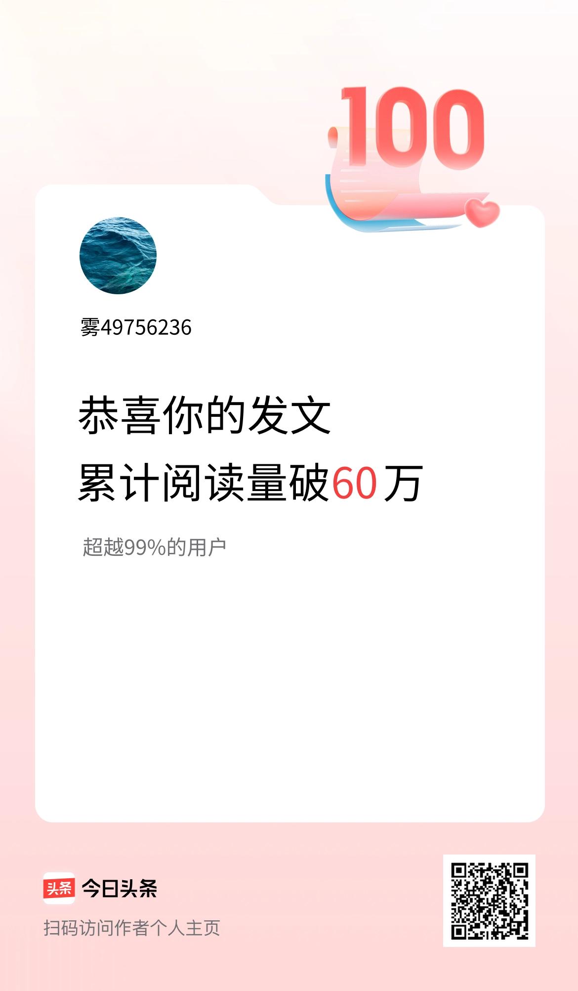 🤝我在头条累计获得阅读量破60万啦！