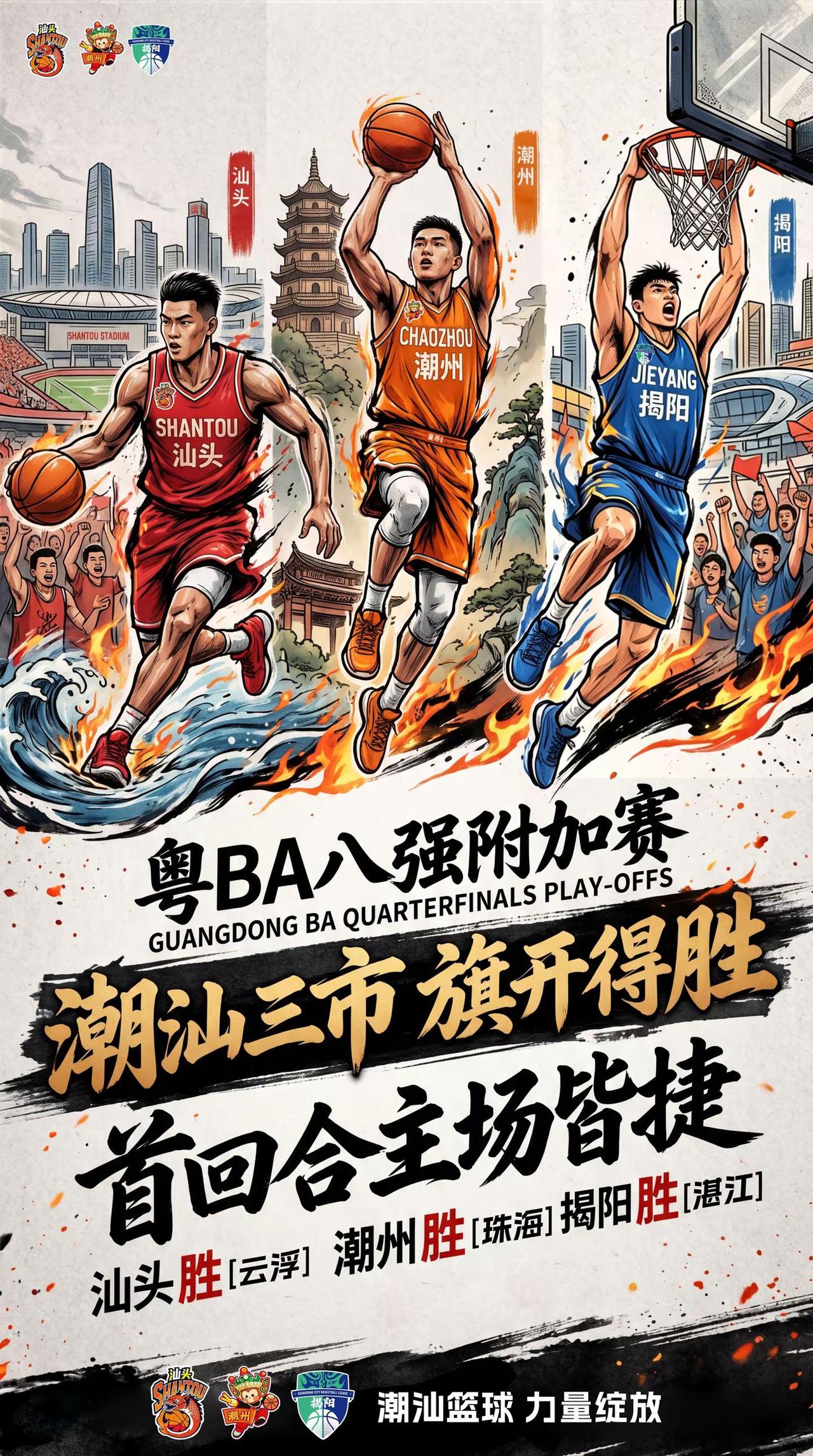 粤BA八强附加赛首回合，潮汕三市旗开得胜。汕头 潮州 揭阳 粤BA