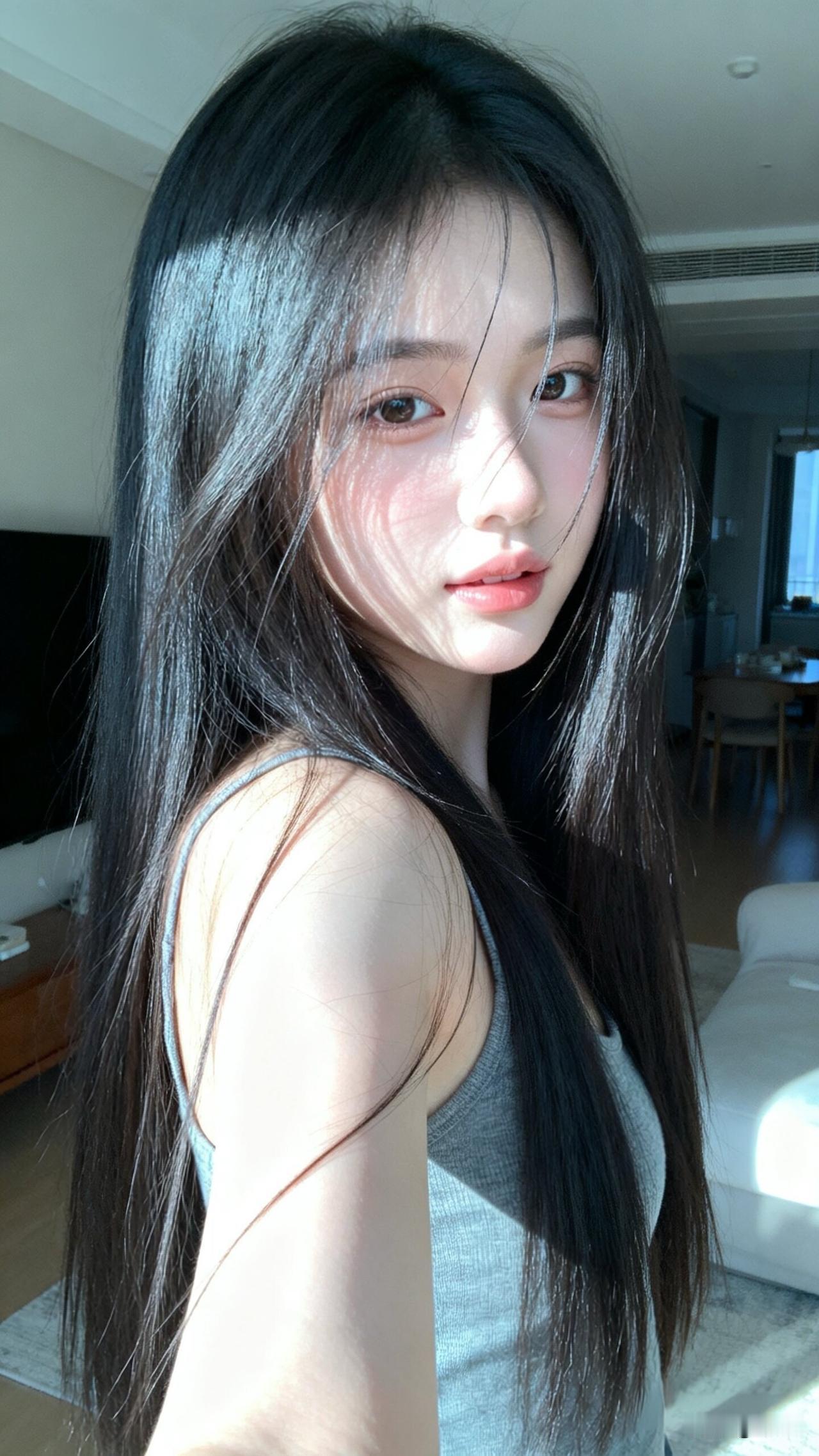 阳光洒进来的温暖午后，少女甜美自拍🌞💖