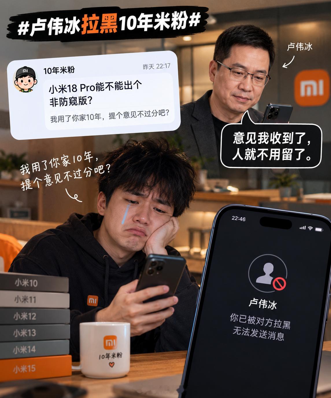 卢伟冰拉黑10年米粉10年米粉提个建议：小米18 Pro能不能出个非防窥版？结果