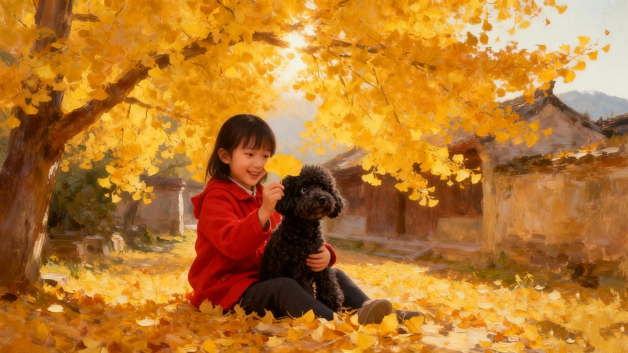 银杏铺金，稚犬嬉逐，童颜映秋
 霜叶流丹，老侣执手，岁月暖如阳银杏林秋景