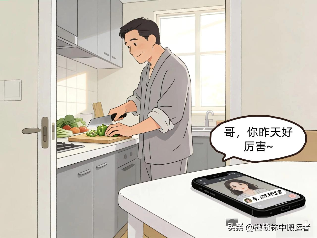 趣味漫画：老公在厨房切菜，放在餐桌上的手机亮屏，显示到：哥，你昨天好厉害。老婆看