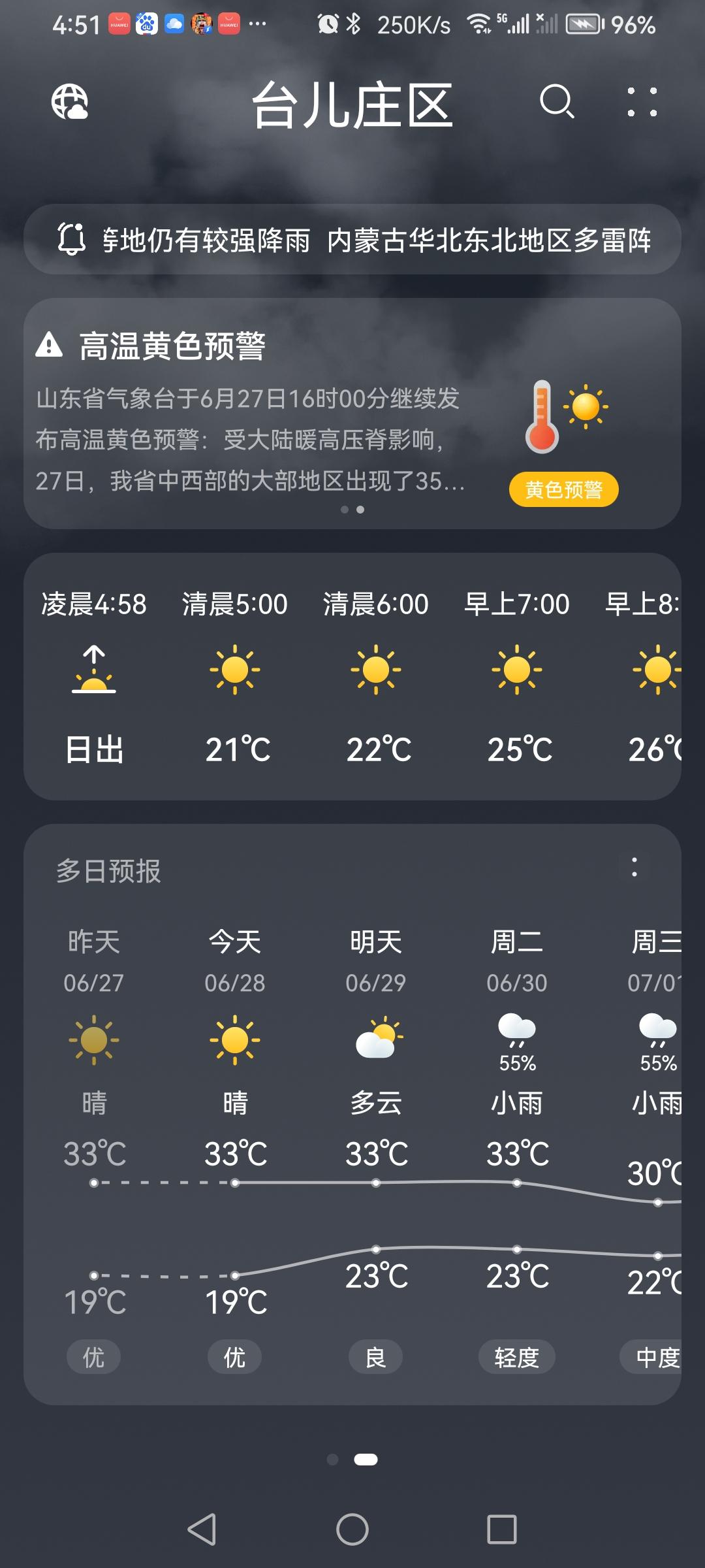 “6.28”星期天，天气预报“晴”。气温19—33。