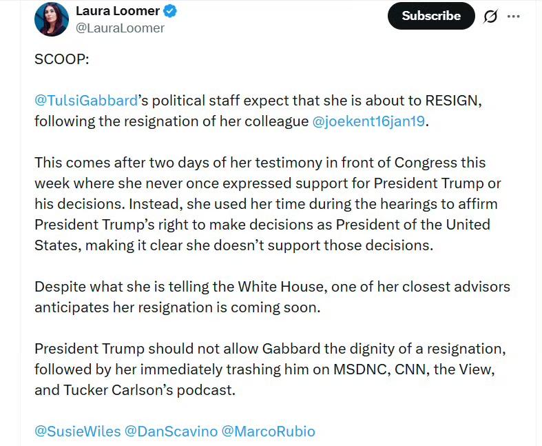 劳拉·卢默：

图尔西·加巴德的政冶团队预计，她将在同事乔·肯特辞职之后，很快提