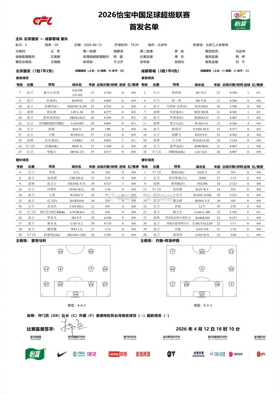北京国安vs成都蓉城首发中超联赛