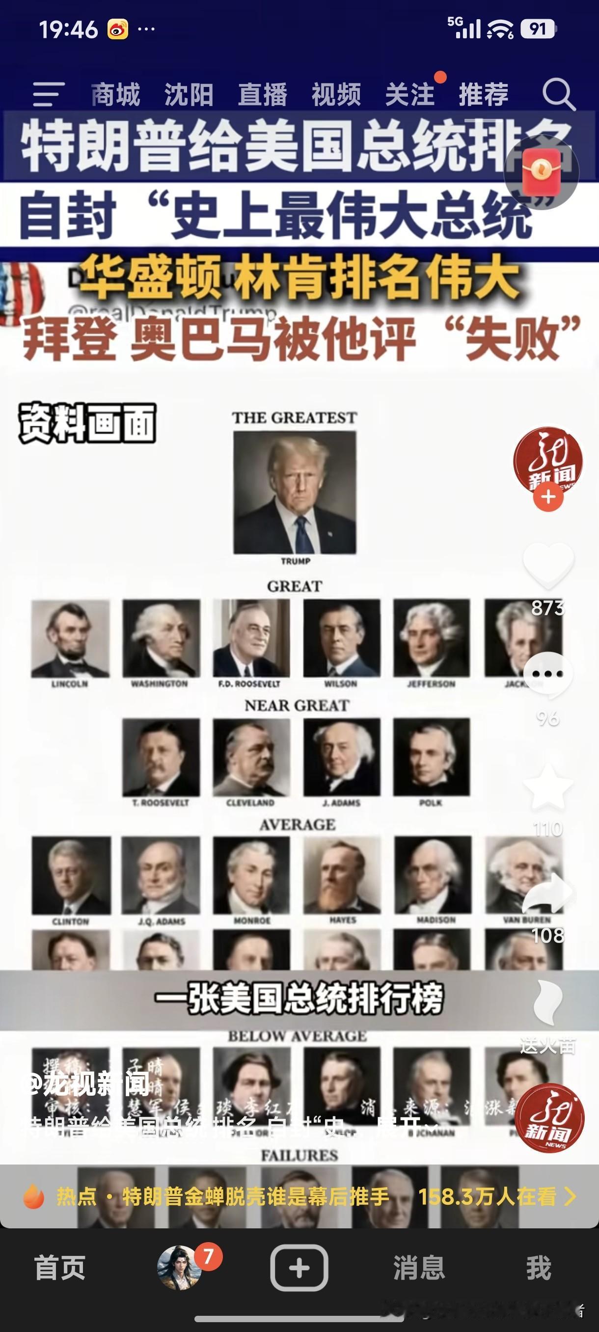 特郎普给美国总统排名，自封“史上最伟大的总统”。
华盛顿、林肯排名伟大，拜登、奥