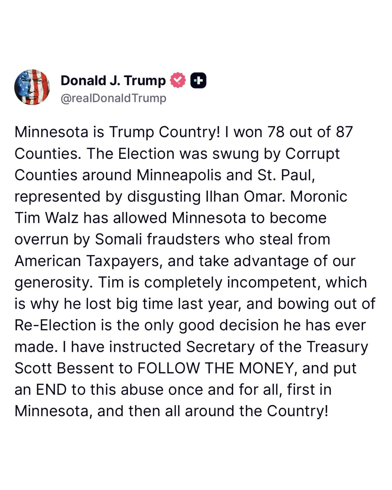 🚨突发：特朗普总统称，如果不是因为“令人作呕的伊尔汗·奥马尔”所代表的地区、明