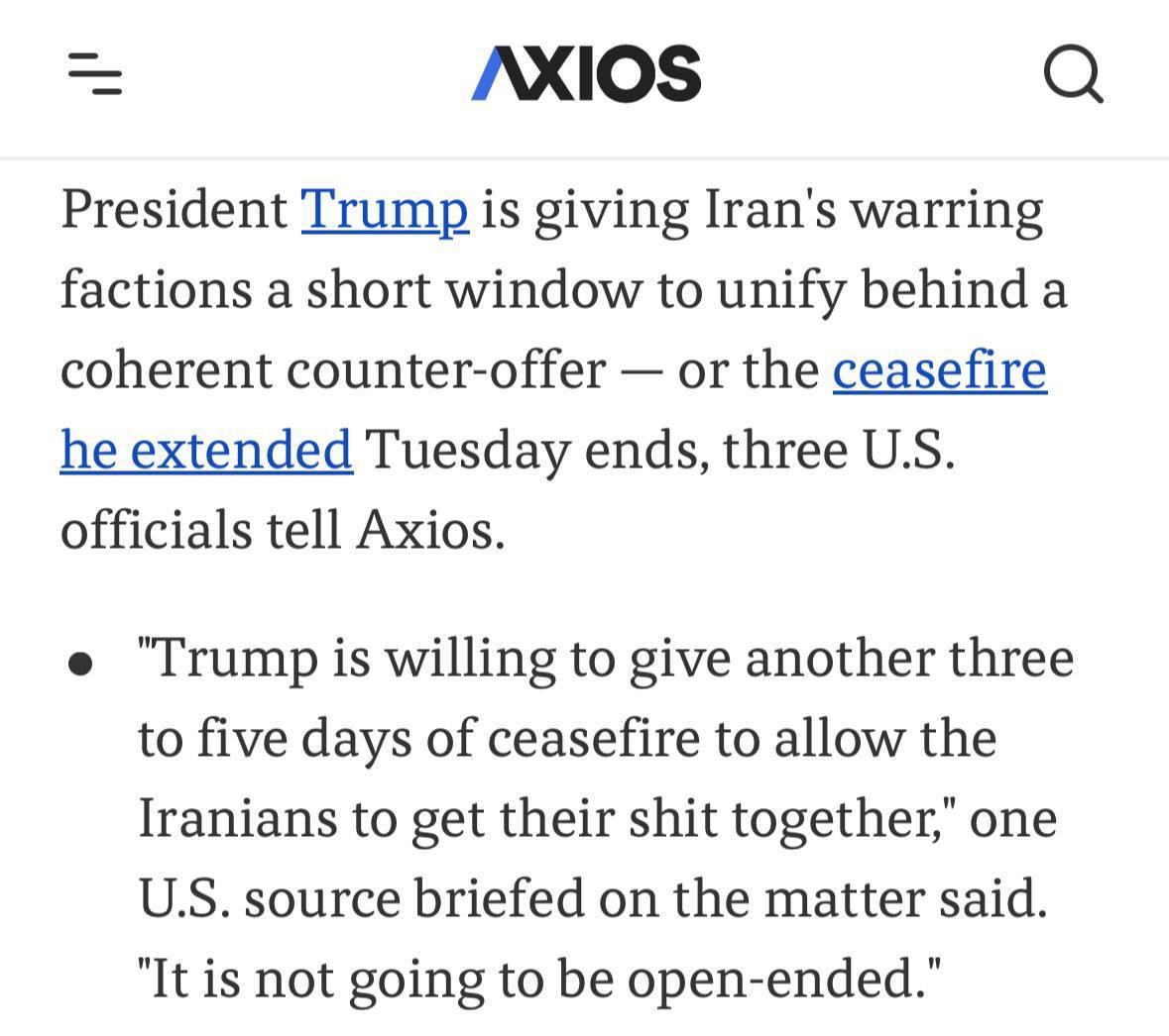 🐖 特朗普给伊朗一个3-5天的最后通牒警告，称停火不会“无限期持续” - Ax
