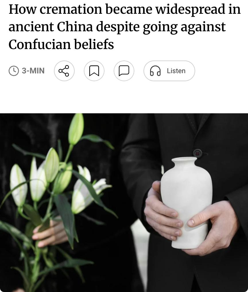 外媒：火葬在宋代中国的兴起：信仰与现实的交汇

在中国传统观念中，土葬被视为让亡