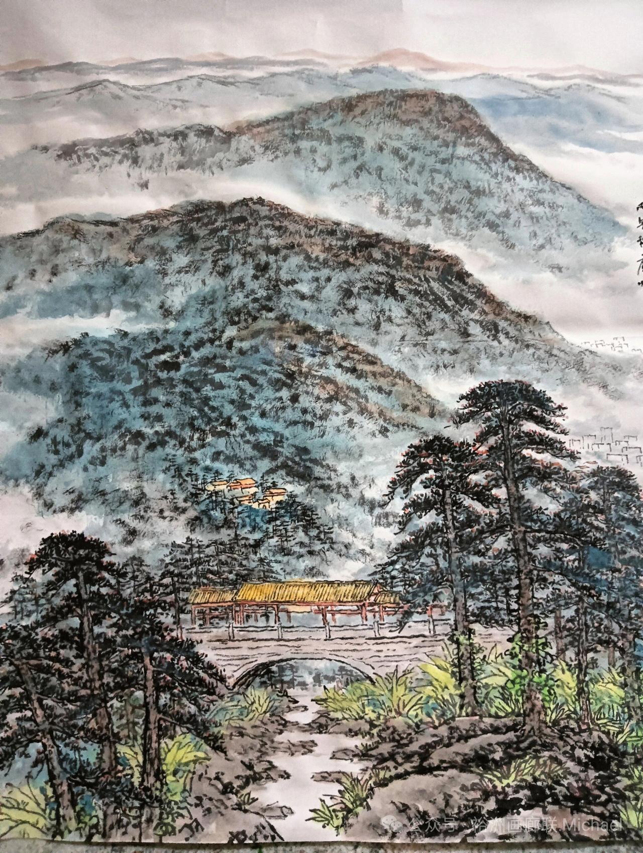 作者加速成长计划这幅山水画作品构思非常优秀，只见群山之中一座廊桥跨过小溪，近景是