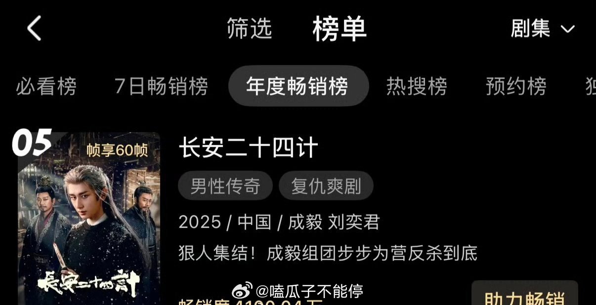 成毅长安二十四计优酷站内年度畅销榜涨至第五了 