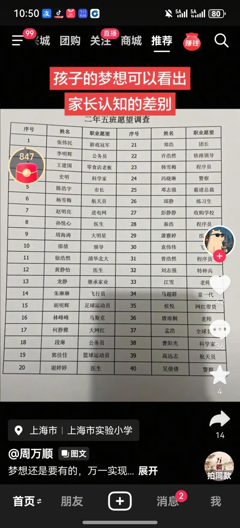 这张上海市实验小学二年级学生的职业愿望调查表，成了一面映照家长认知差异的镜子：有