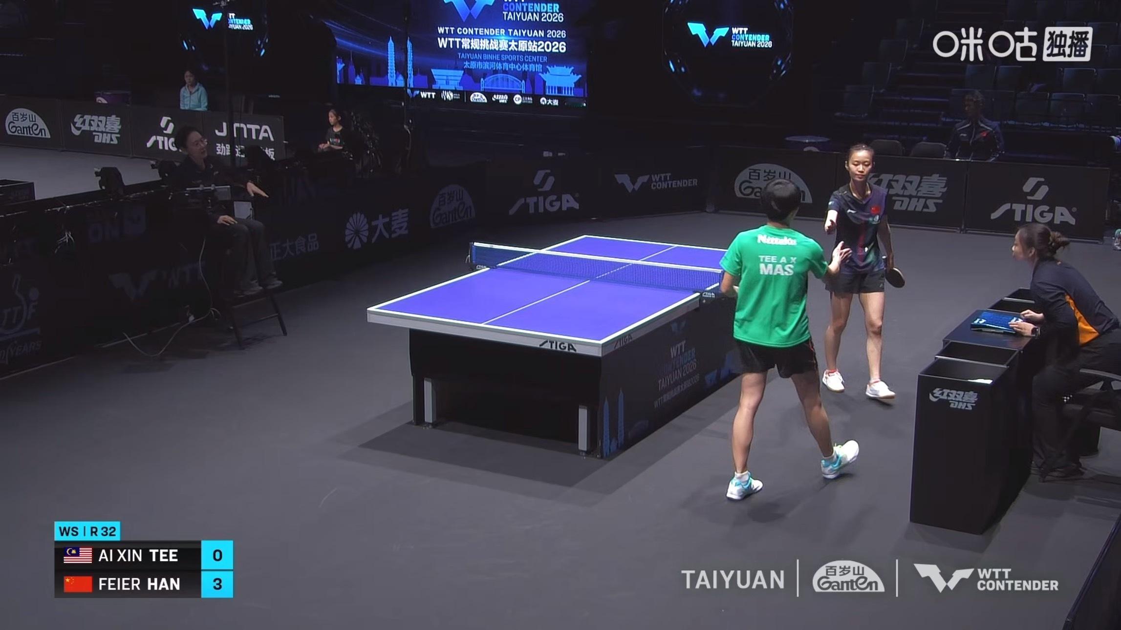 韩菲儿3比0郑爱欣(11-0，11-4，11-7)晋级wtt常规挑战赛太原站20