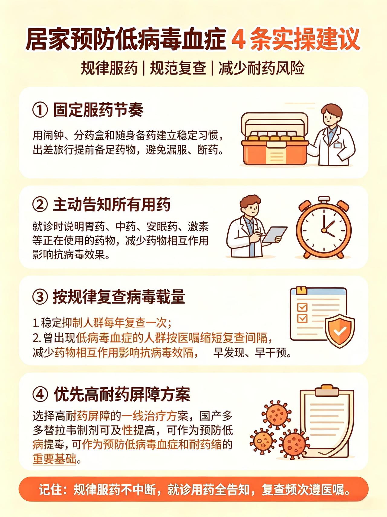 一、严守服药节奏，杜绝漏服断药
日常用手机闹钟、分药盒固定服药时间，随身常备应急