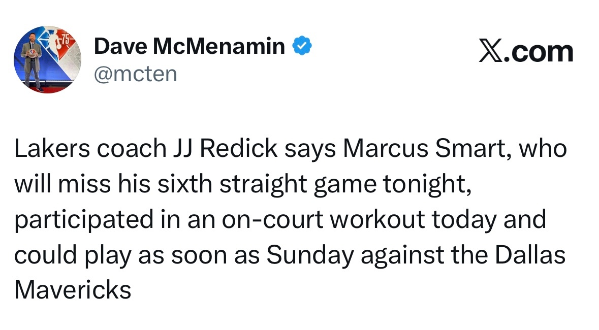 雷迪克表示，斯马特将在今晚连续缺席第6场比赛，但他今日参加了场上训练，最快有望在