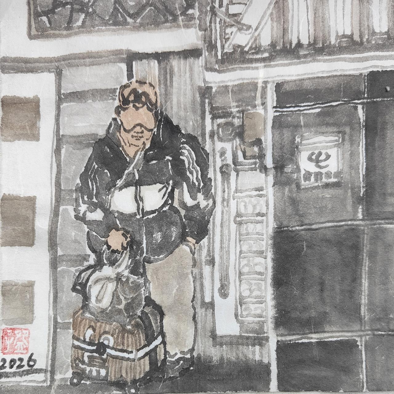 碗子的纸片水墨《步行街No4》
我们都曾像这样，带着行李站在陌生的路口，不知道下