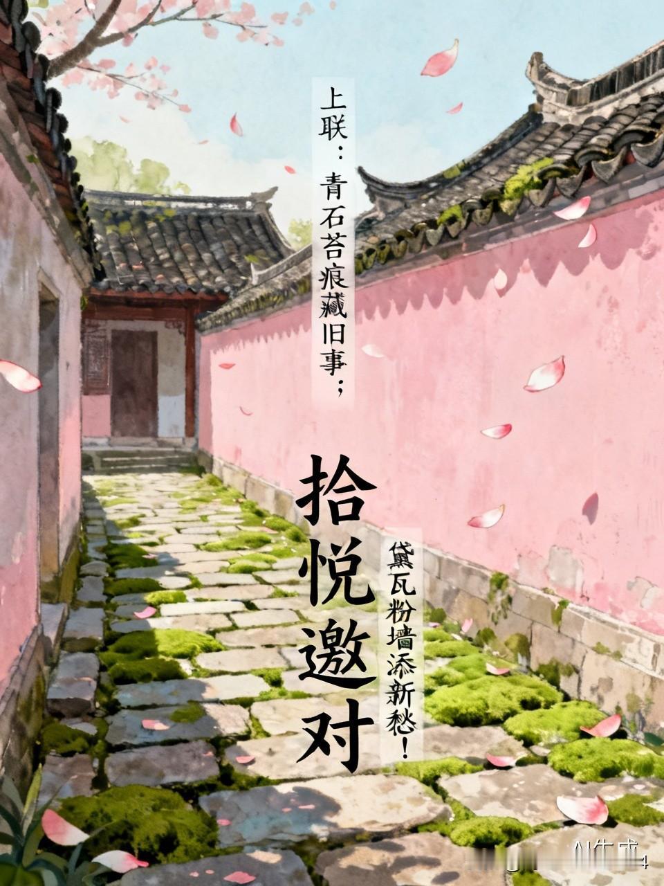 上联：青石苔痕藏旧事；拾悦邀对，，黛瓦粉墙添新愁！[微风]