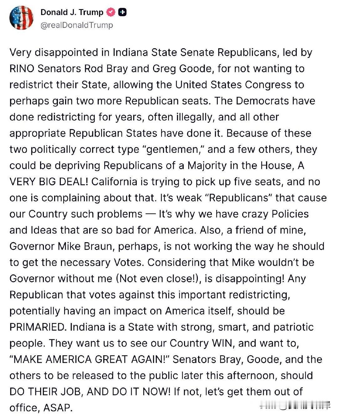 川普发文表达对印第安纳州共和党人不愿意重新划分选区的失望。
“对印第安纳州参议院