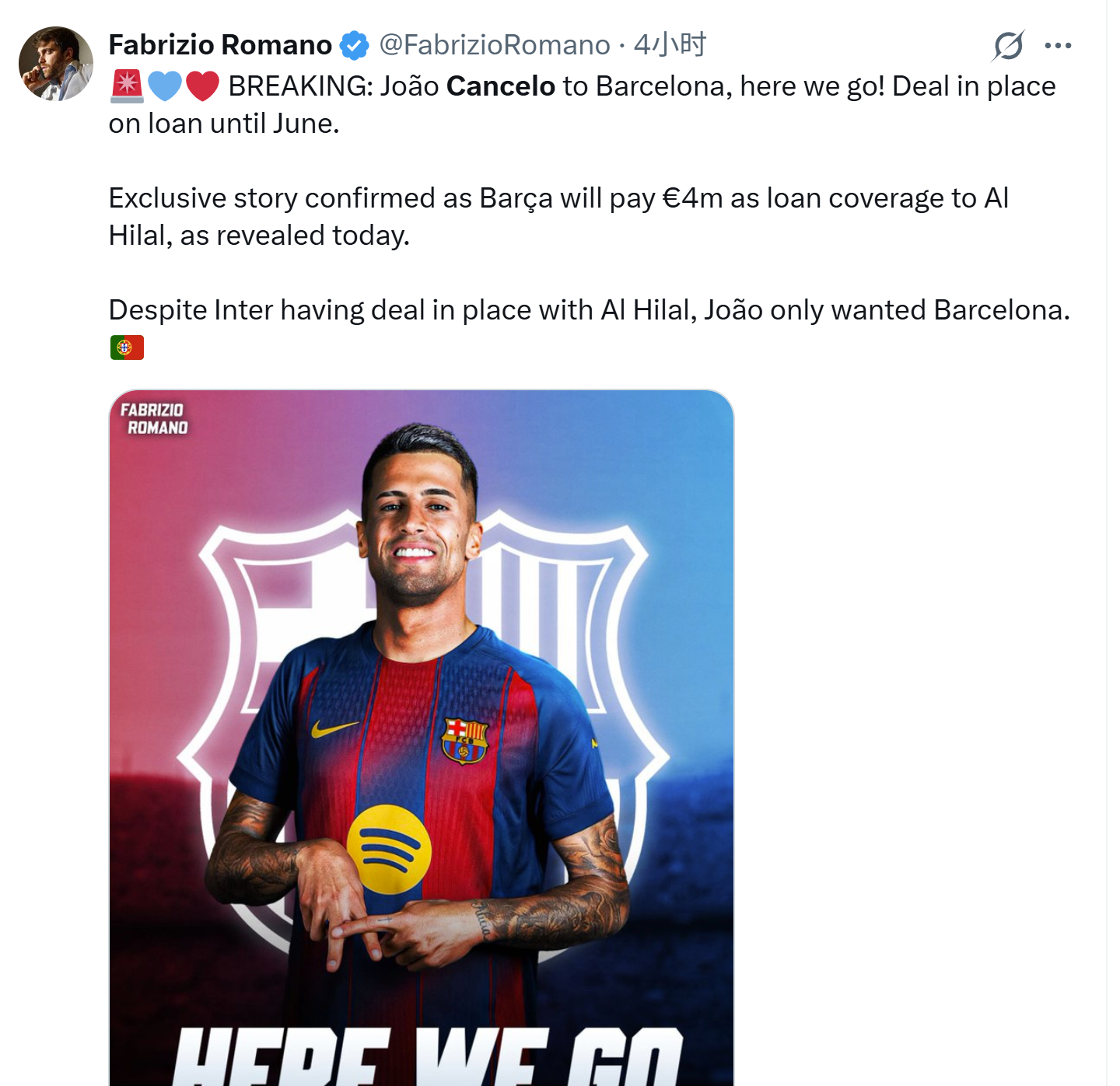 看到了坎塞洛租借去巴萨的转会新闻，说他为了重返巴萨，将薪水削减了一半多坎子这两年