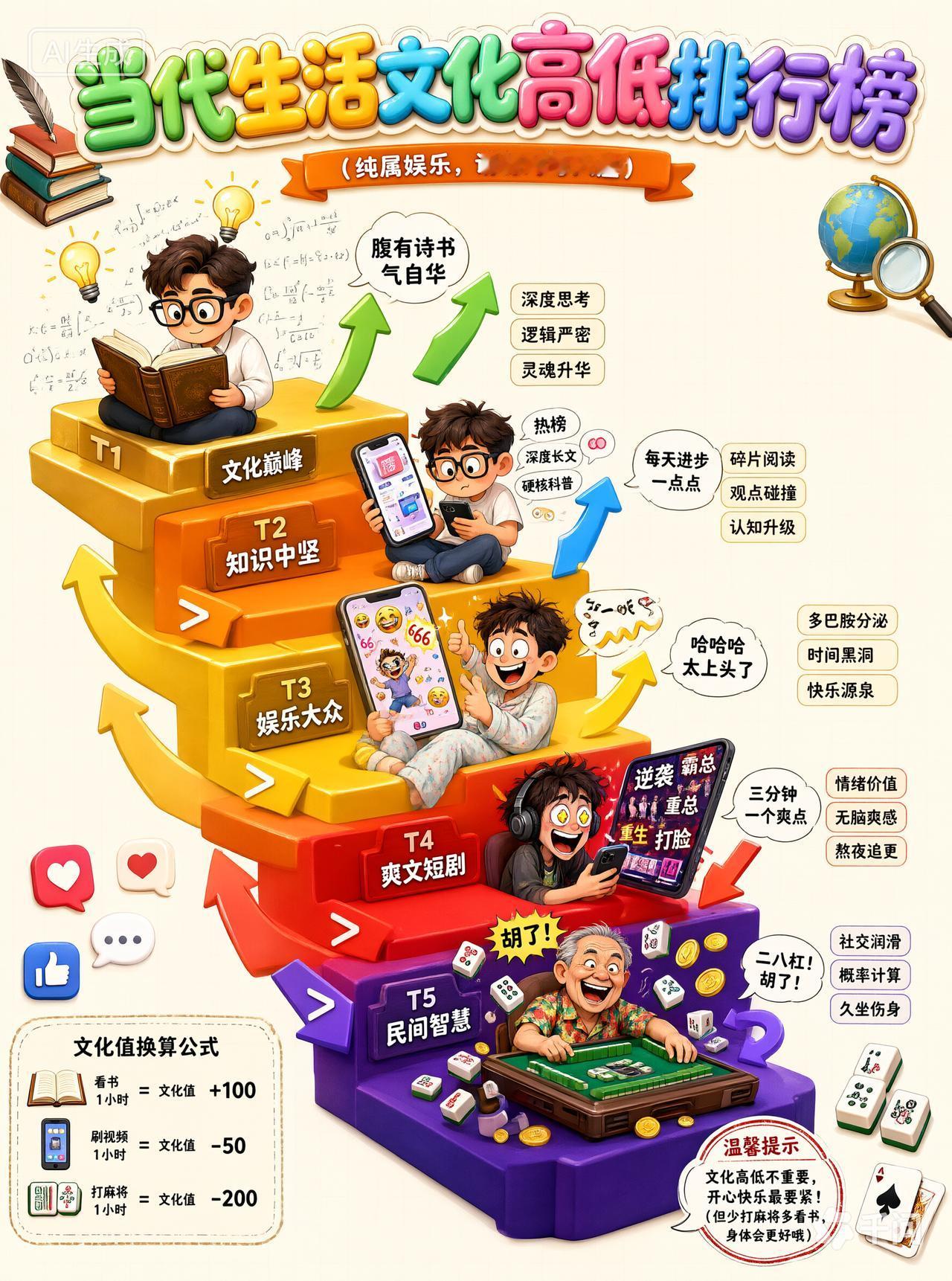 生活中的人文化程度从高到底大概这样排列。
看书的
看文字类App头条知乎的
视频