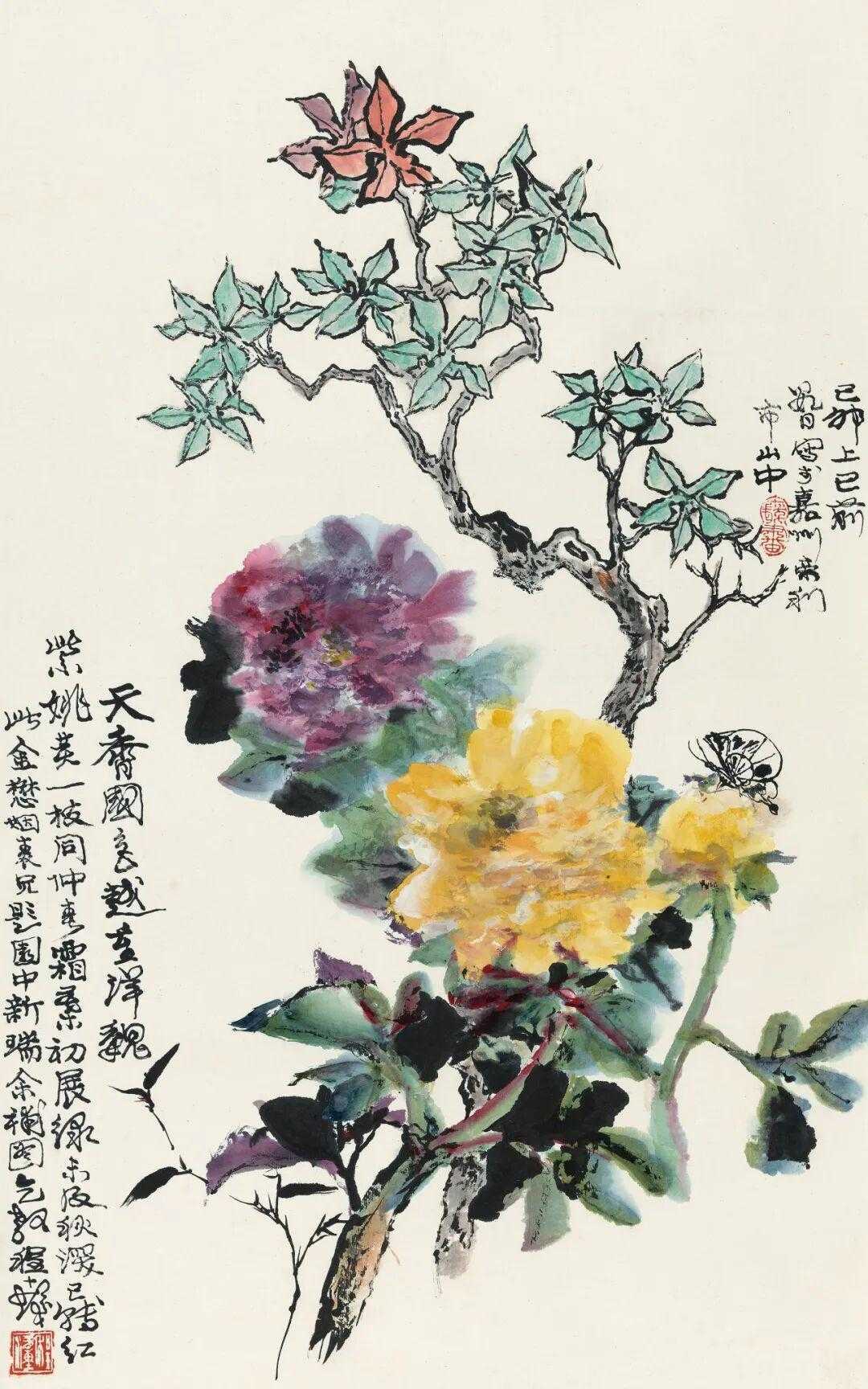 程十发《牡丹》。程十发，上海松江人。名潼，斋名步鲸楼、三釜书屋等。自幼临习古人画