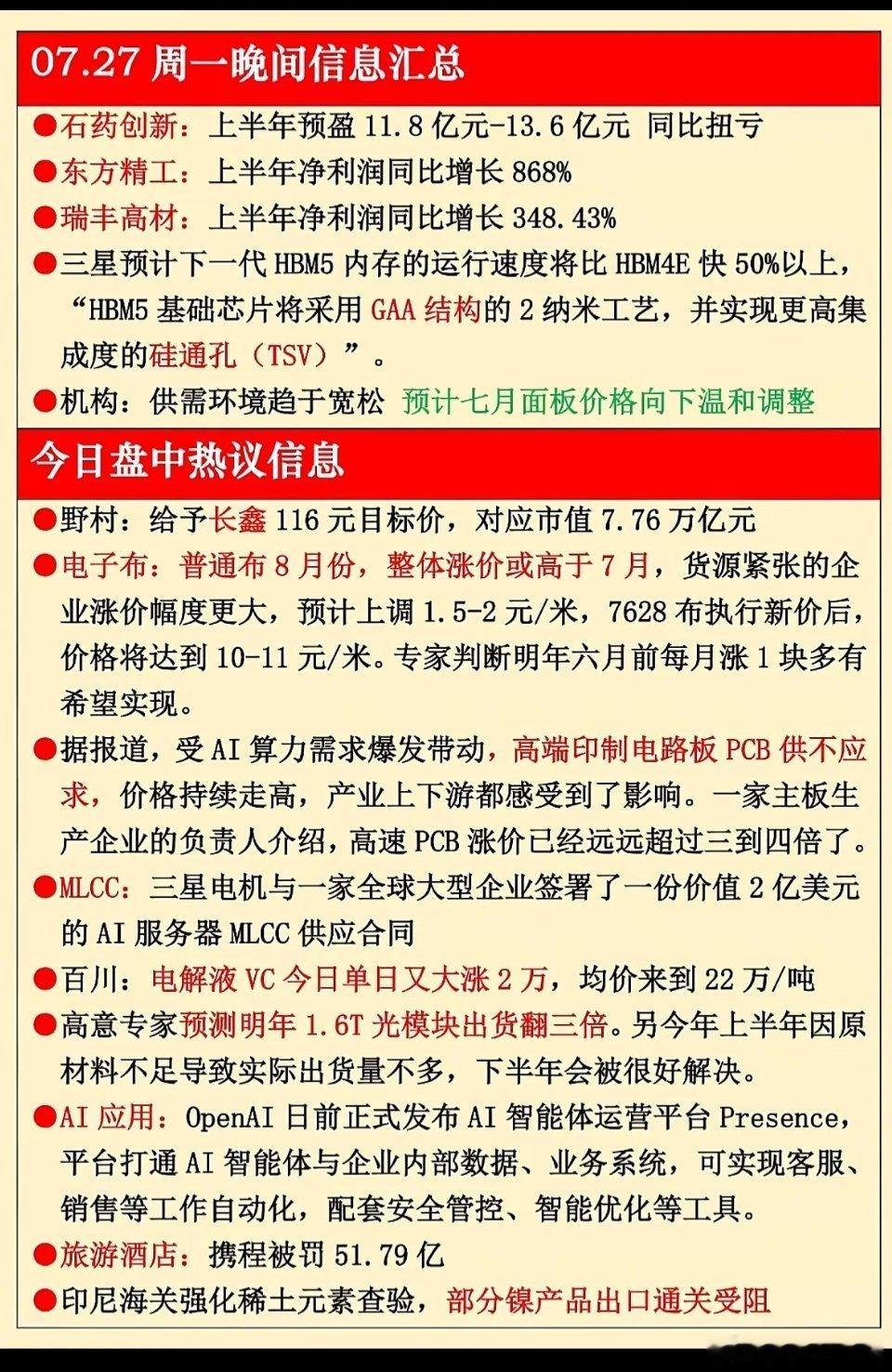 7月27日晚间资讯汇总：AI算力需求高涨，PCB价格暴涨三倍。长鑫科技登陆科创板