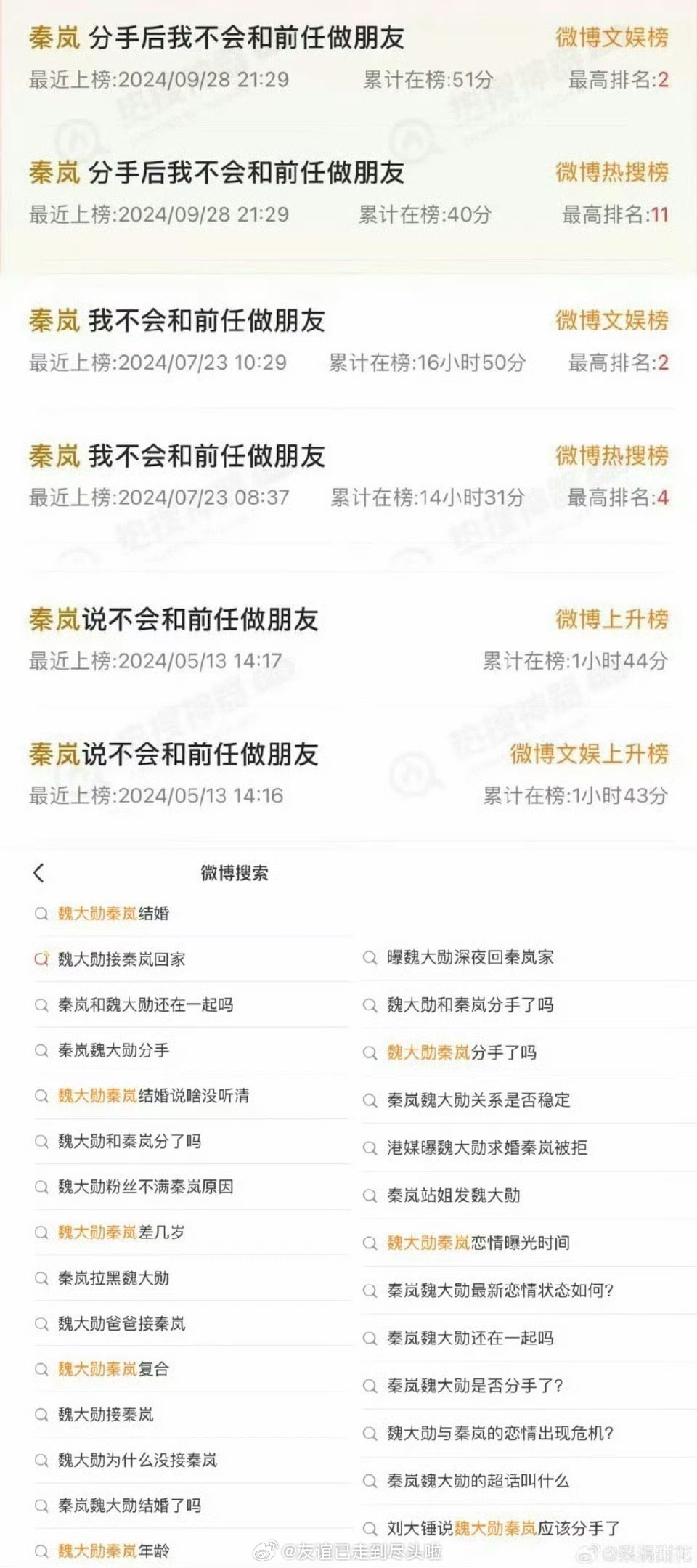 前脚秦岚《闪耀如她》下证，后脚双人热搜登顶网友问魏大勋秦岚这段恋情到底要炒多久？