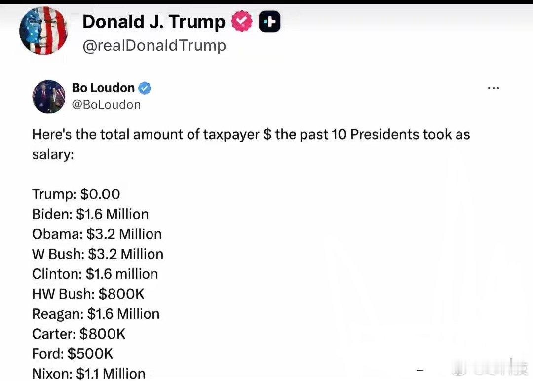川普发的10位总统作为薪水收取的纳税人资金总额：特朗普 (Trump)： 0.0