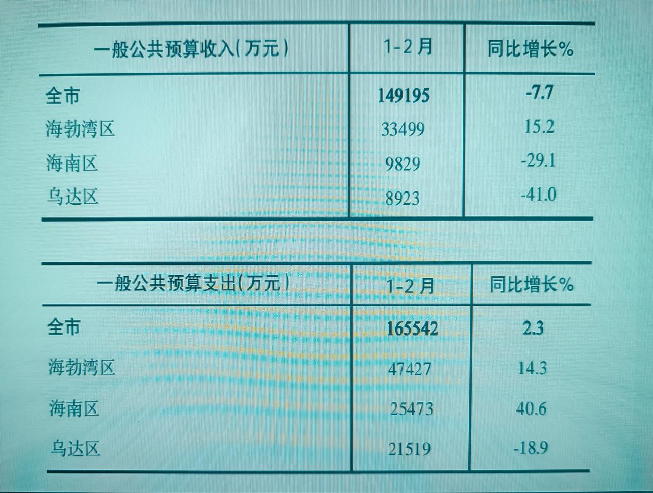 前2个月乌海市三区一般公共预算收入数据出炉：渤海湾区总量增速双第一
乌达区降幅最