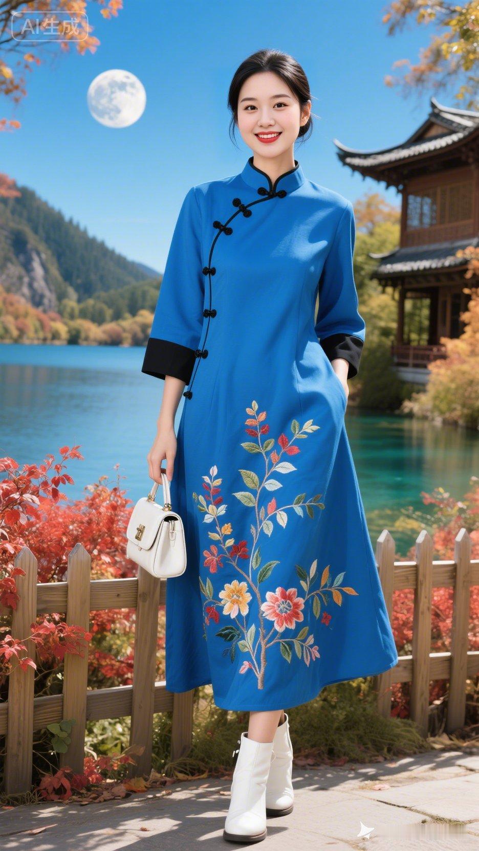 穿着旗袍，手拿小包，站在湖边。