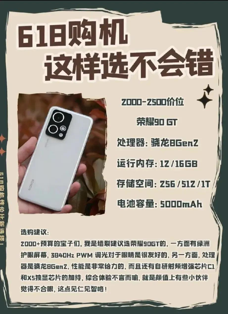 618高性价比手机推荐

1500-2000价位：荣耀X50 GT，千元机中的佼