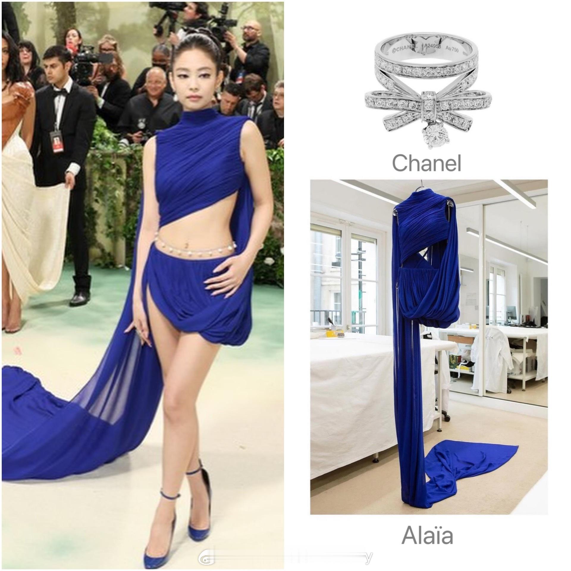 Jennie金智妮昨日的活动造型解析，宝蓝色不规则礼服裙搭配同色高跟鞋，贵不可言