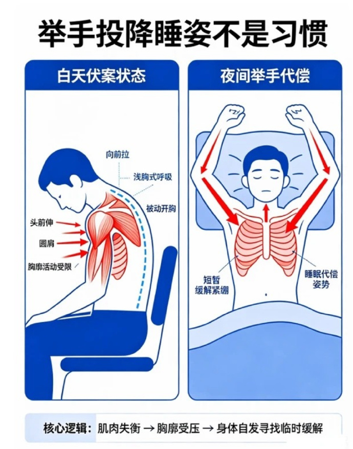 举手式睡姿是身体在求救 感觉很多人都这样 也都意识不到是个问题 ​​​