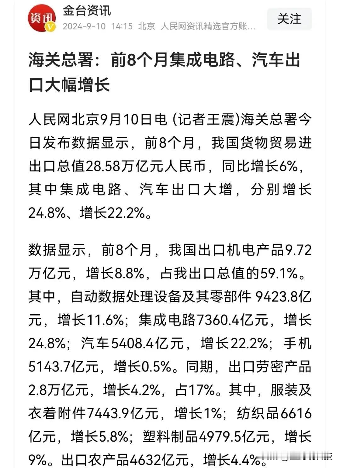 聊聊芯片目前的多项利好
①2024年1-8月，集成电路出口超7360.4亿元，大