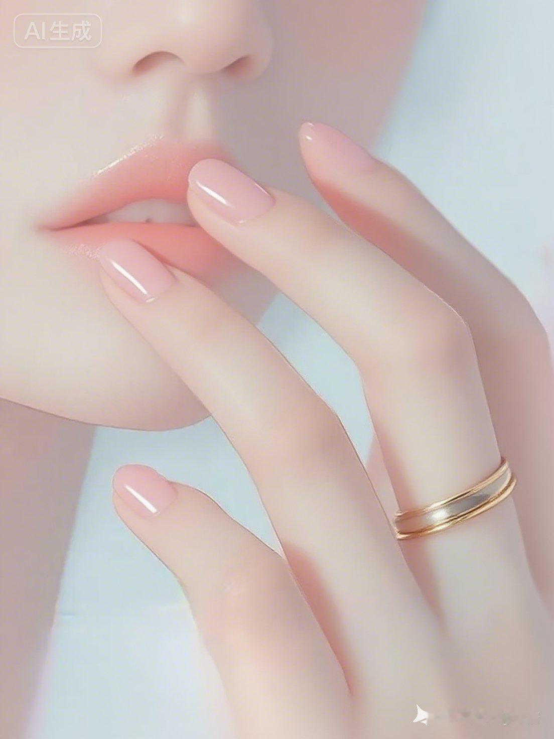 淡粉光泽美甲衬得玉手通透，简约金戒添几分精致。水润粉唇漾着柔光，清透氛围里，尽是