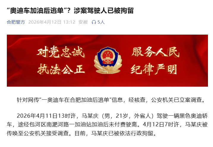 “奥迪车加油后逃单”？合肥警方：涉案驾驶人已被拘留